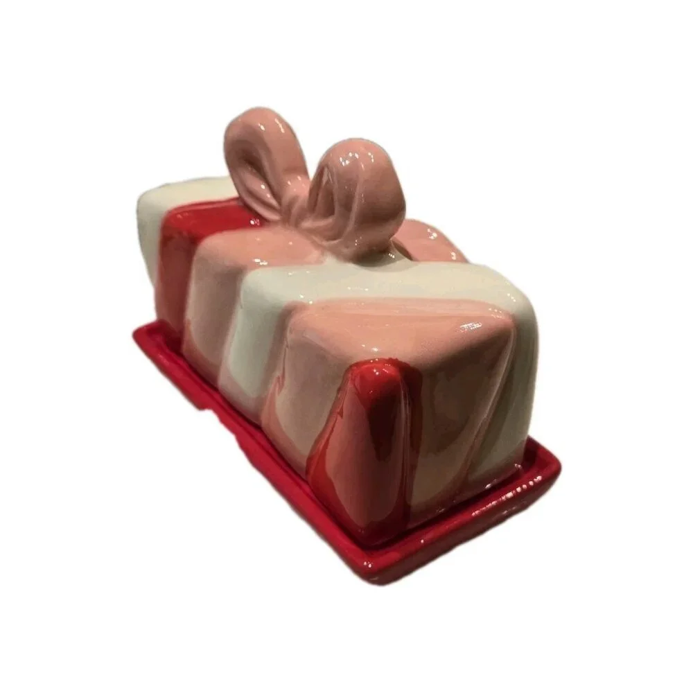 New Christmas Holiday Peppermint Twist W/ Bow Pink / Red Holiday Butter Dish